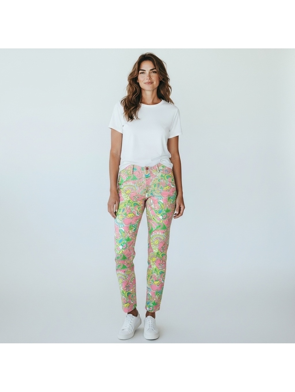 Lilly Pulitzer Worth Skinny Mini Zip Jeans Chin Chin Print Pink Green Size 12